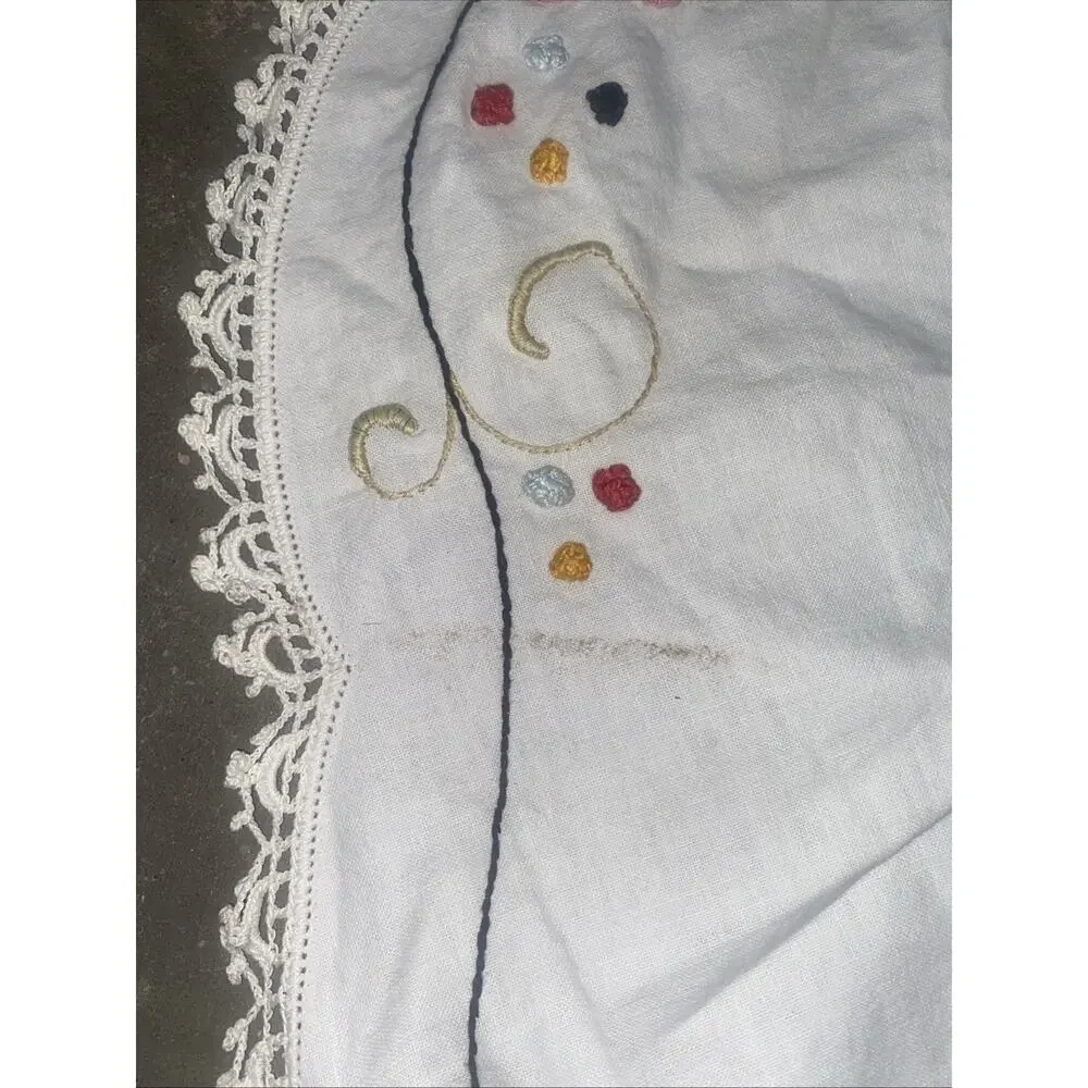 Handmade Embroidered Floral Round Cotton Tablecloth Crochet Lace Edge 40”